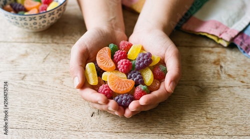 Two hands holding colorful gummy fruit candies, bright red, yellow, orange, purple pieces shaped like slices and berries, wooden surface with bowl and patterned cloth background.