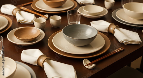 Elegant table setting with plates bowls and chopsticks for dining