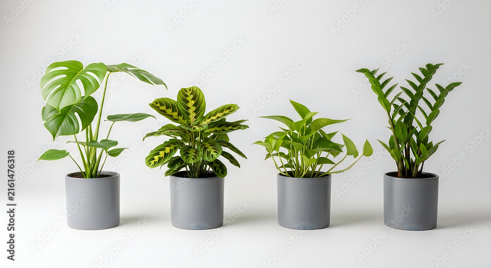 Fototapeta premium Four different potted houseplants lined up on gray surface
