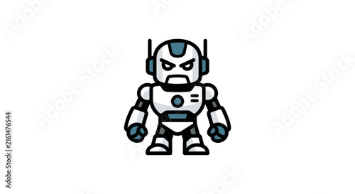 Angry robot mascot character with mechanical arms.