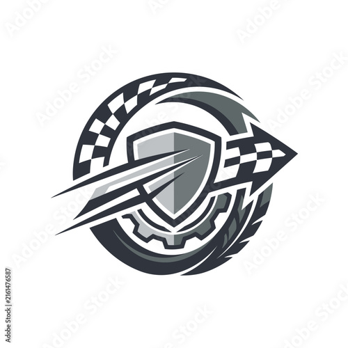 Automotive racing badge with shield and checkered patterns.