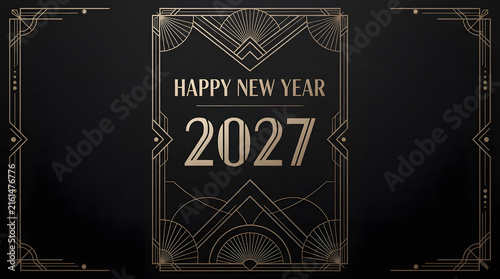 Art deco new year celebration with golden frame and vintage typography for 2027