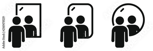 Canvastavla Minimalist mirror reflection icon set, black silhouette person looking in glass,
