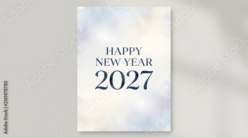 Happy new year 2027 watercolor texture greeting card with a soft blue background