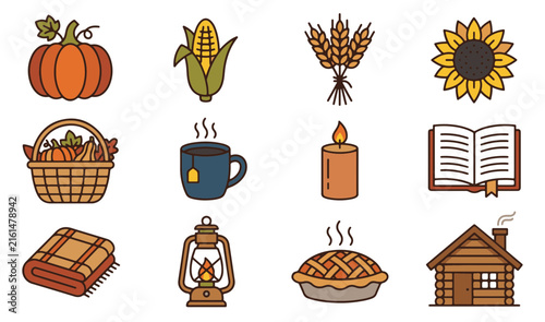 Autumn and Harvest Season Line Icons Vector Set with Pumpkin, Coffee, Cabin, and Fall Elements