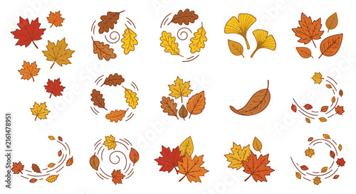 Falling Autumn Leaves Vector Set with Whirling Wind Effects, Maple, and Oak Foliage Elements.