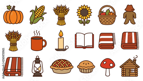 Autumn and Harvest Season Line Icons Vector Set with Pumpkin, Coffee, Blanket, and Fall Elements.