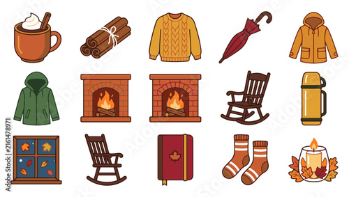 Cozy Autumn and Winter Season Line Icons Vector Set with Sweater, Fireplace, Hot Drink, and Fall Elements