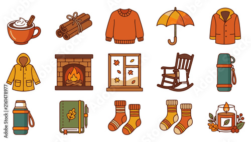 Cozy Autumn and Winter Season Line Icons Vector Set with Sweater, Fireplace, Hot Drink, and Fall Elements