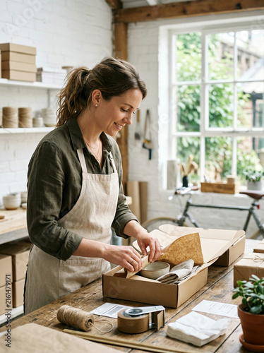 Woman packing ceramic bowl into cardboard box at wooden table in bright craft workshop with vintage