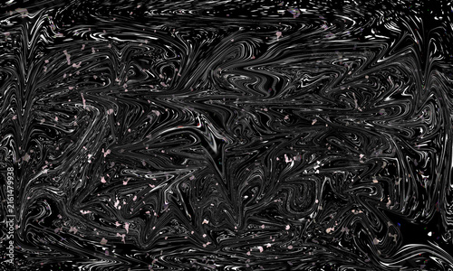 Abstract black and white liquid marble texture with subtle rose gold glitter particles