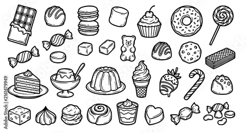 Fotografía Hand Drawn Sweets Candy Chocolate Macaroon Marshmallow Dessert Doodle Vector Set
