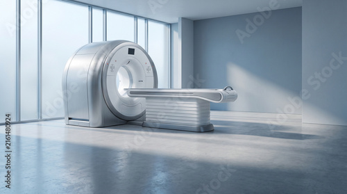 Advanced MRI scanner machine with patient table in modern bright hospital room with large windows