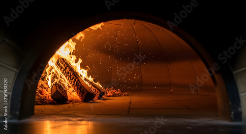 Fiery oven interior burning firewood and intense heat inside a brick structure