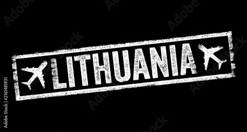 Lithuania distressed rubber stamp text with airplane icons for travel, tourism, flight destination, vacation trip and country visit concept design