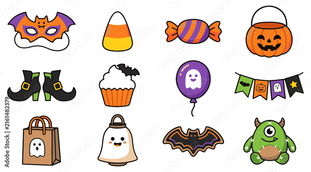 Fototapeta premium Cute Kawaii Halloween Vector Icons Set with Mask, Candy, Pumpkin Basket, Ghost, and Monster Elements.