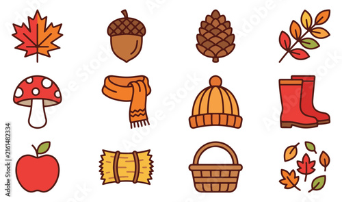 Autumn and Fall Season Line Icons Vector Set with Leaf, Acorn, Mushroom, Scarf, and Boots.