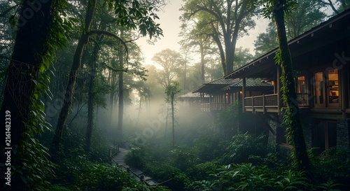 Forest lodge with pathway and vegetation outdoor scene atmospheric view