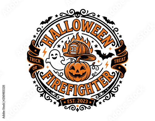 Halloween firefighter vintage round emblem vector illustration with fire helmet and pumpkin