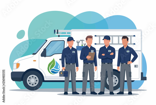 Professional Service Technicians Team with Maintenance Van