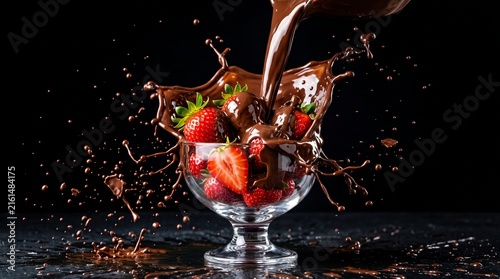 Delicious fresh strawberries in a glass bowl with dark chocolate pouring and splashing on black background