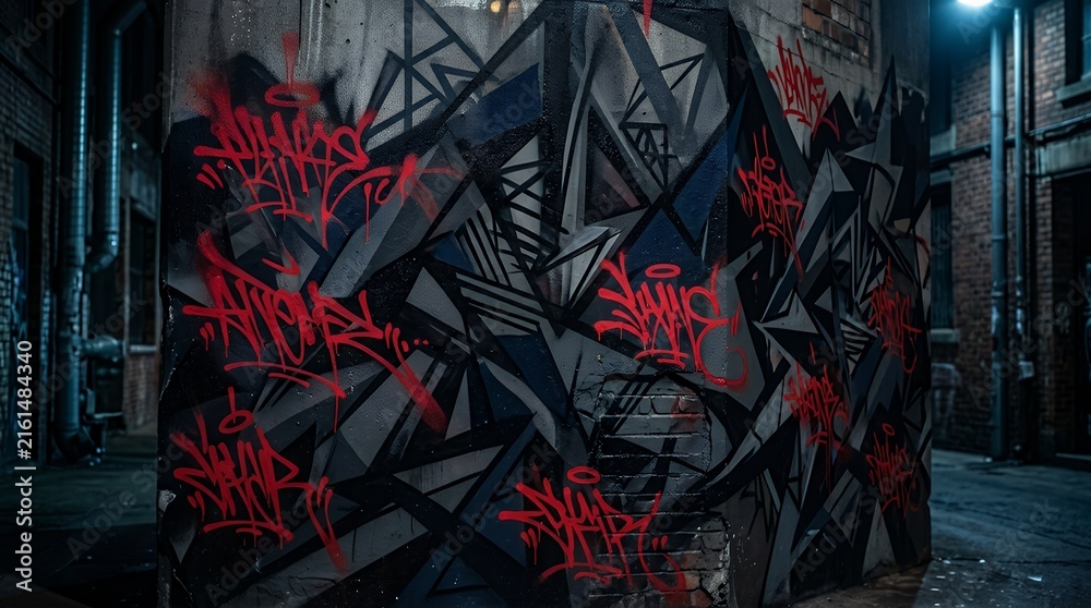 Fototapeta premium Dynamic Dark Urban Street Art Graffiti Background with Sharp Geometric Shapes and Vivid Red Tags abstract flat urban street art graffiti style template background art dynamic red black sharp