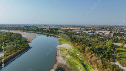 Po River in Lombardy and Emilia Romagna showing severe water depletion and exposed riverbed from a 2026 heatwave and prolonged drought, illustrating environmental challenges