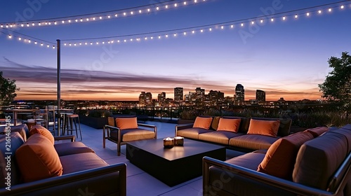 Rooftop lounge area with city skyline at sunset
