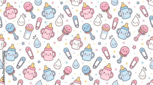 Adorable and vibrant baby accessories design showcasing bottles pacifiers and rattles against a gentle background
