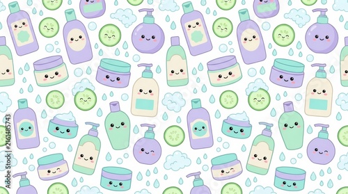 Cute and colorful pattern featuring kawaii skincare products and cucumber slices on a white background
