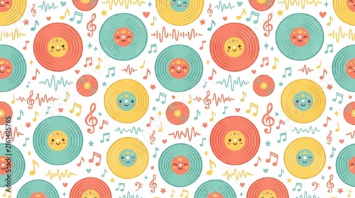 Vibrant design featuring retro vinyl records and cheerful musical notes perfect for fun and playful creative projects