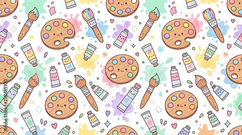 Vibrant and creative backdrop featuring a palette brushes and tubes of paint in a playful artistic design
