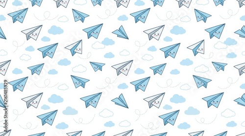 Playful pattern of blue paper airplanes surrounded by fluffy clouds on a bright white background perfect for creative projects