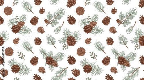Elegant design featuring pine cones and branches on a clean white backdrop perfect for festive decor
