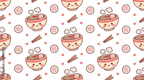 Charming and playful noodle bowl design featuring cheerful faces and fun accessories set against a bright white backdrop