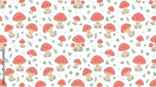 Playful design featuring vibrant red mushrooms and lush green leaves set against a clean white backdrop for artistic endeavors
