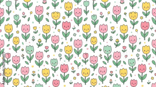 Colorful floral pattern featuring smiling flowers leaves and decorative elements on a white background