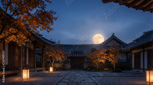 Chuseok Mid Autumn Festival Traditional Korean Hanok House Evening Scene Full Moon Glowing Paper Lanterns Maple Trees Autumn Foliage Zen Garden Courtyard Seoul Heritage Architecture Cultural, 추석