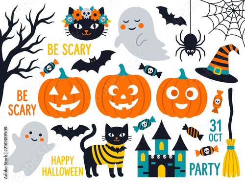 Cute Halloween Vector Illustration Set with Pumpkins, Ghosts, and Cats