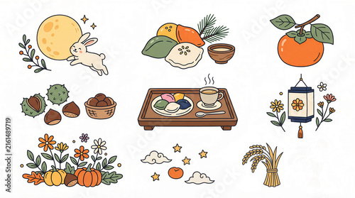 Chuseok Mid Autumn Festival Illustration Set Korea Traditional Holiday Icons Moon Rabbit Songpyeon Persimmon Chestnut Pumpkins Lantern Rice Sheaves Flat Design Elements Collection Autumn Harvest, 추석