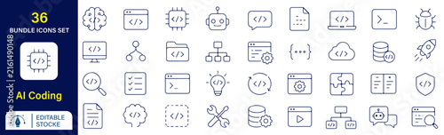Foto AI Coding Vector Outline Icons Set – Artificial Intelligence, Programming, Machi