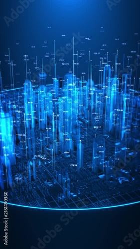 Futuristic blue smart city covered numerical metrics glowing business intelligence, financial analysis, AI analytics, urban monitoring, prediction, digital transformation and data driven 19.
