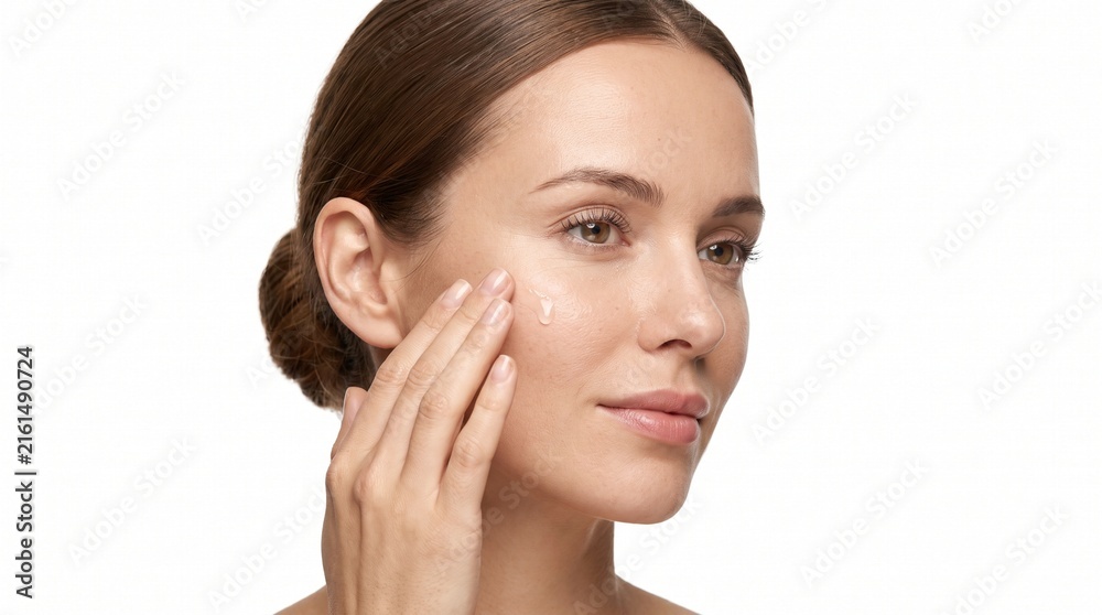 Obraz premium Woman Applying Facial Serum for Hydrated Skin and Modern Skincare Routine