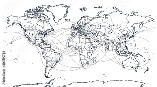World map outline with global connection lines. Minimalist earth map showing international trade routes and logistics networks.