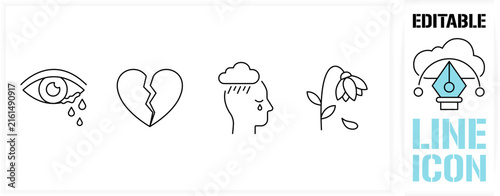 Editable line icon set in a black simple and clean vector outline stroke for sadness emotion or grief, crying eye with tears, broken heart, depression rain cloud over head and wilting flower concept.
