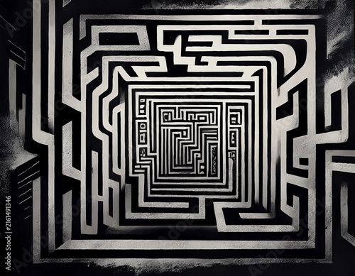 black and white grunge geometric tribal labyrinth surreal style
