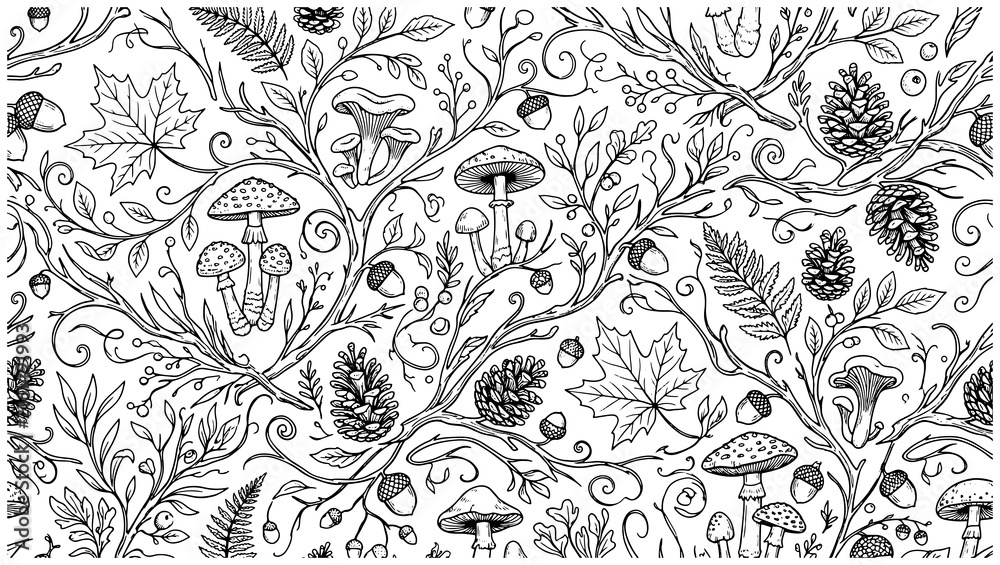 Fototapeta premium Hand drawn forest pattern with mushrooms acorns and pine cones in black and white