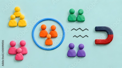Clay figures demonstrating targeted marketing and customer segmentation with a magnet attracting a specific demographic group