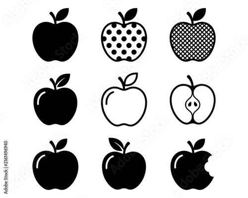Black and white illustrations of apples in various styles and patterns