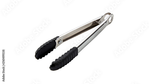 Metal serving tongs kitchenware cooking barbecue utensil isolated on a white background